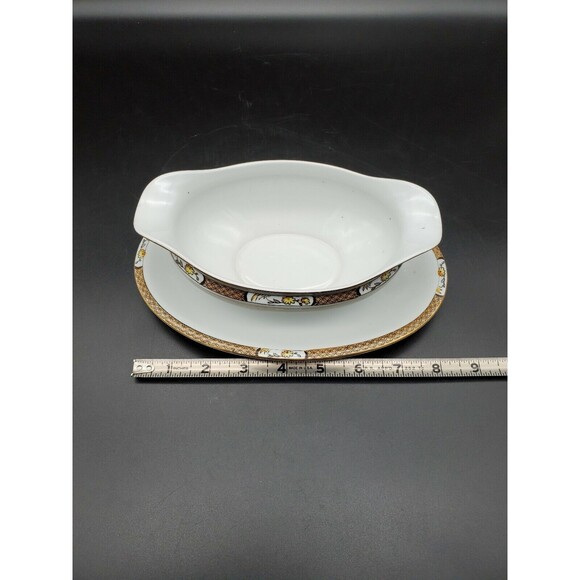 Noritake Gravy Boat Under Plate Japan Geometric Band Florals with Gold 1918 - Picture 7 of 12